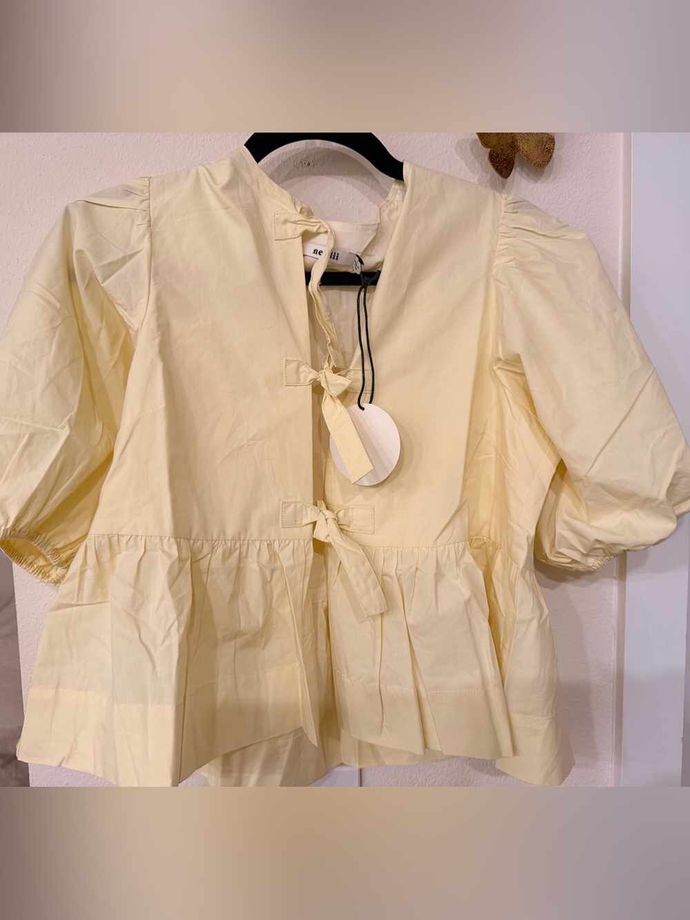 Women’s Pale Yellow Tie-Front Peplum Crop Top
